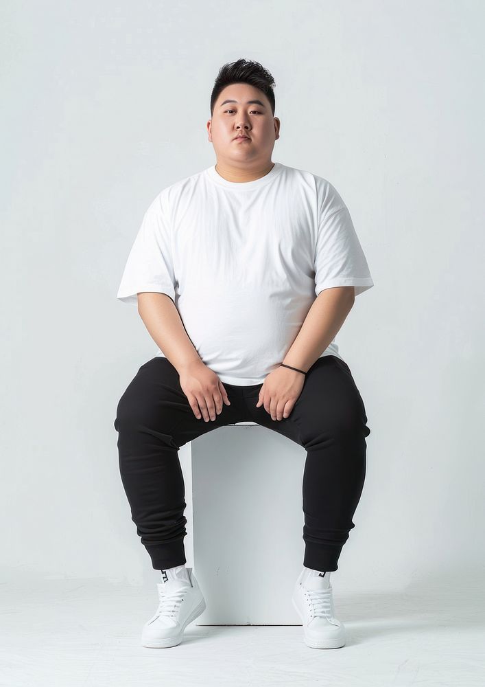 Chubby wearing white t shirt mockup clothing sitting apparel.