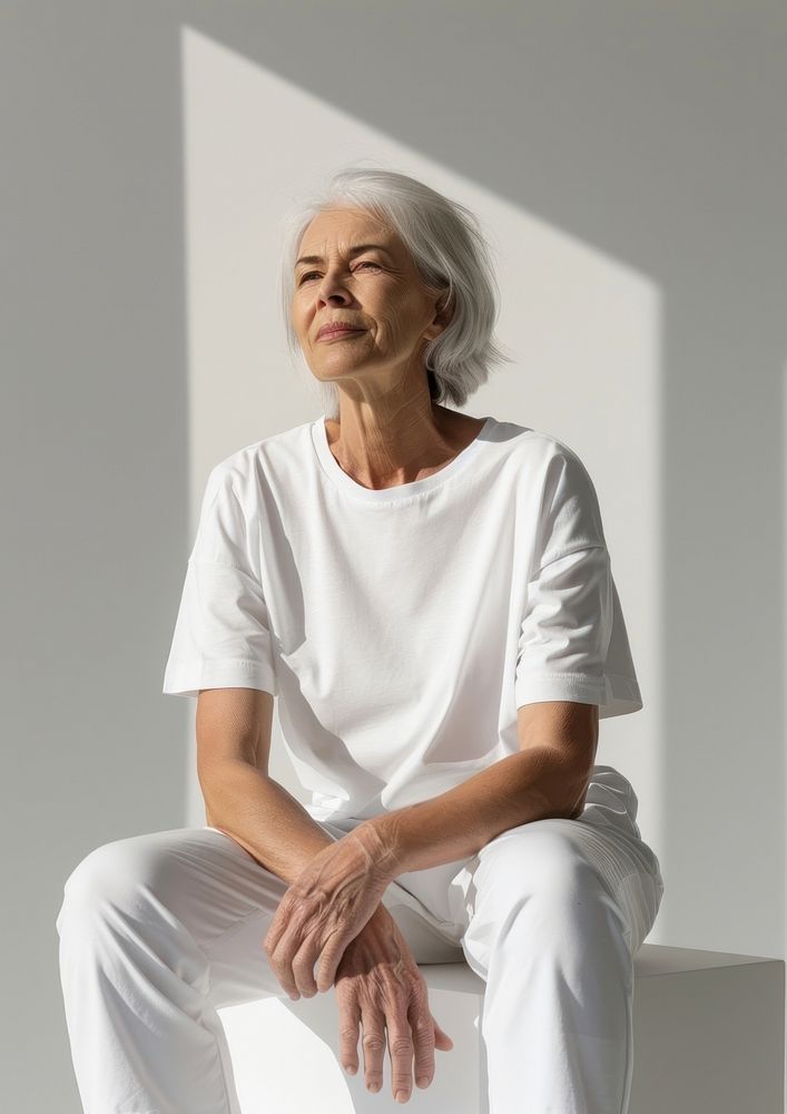 Elderly woman wearing white t shirt mockup sitting female person.
