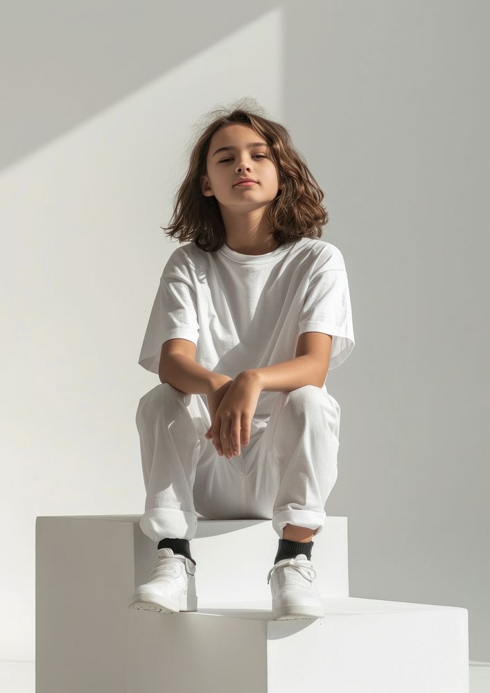 Girl wearing white t shirt mockup clothing footwear sitting.