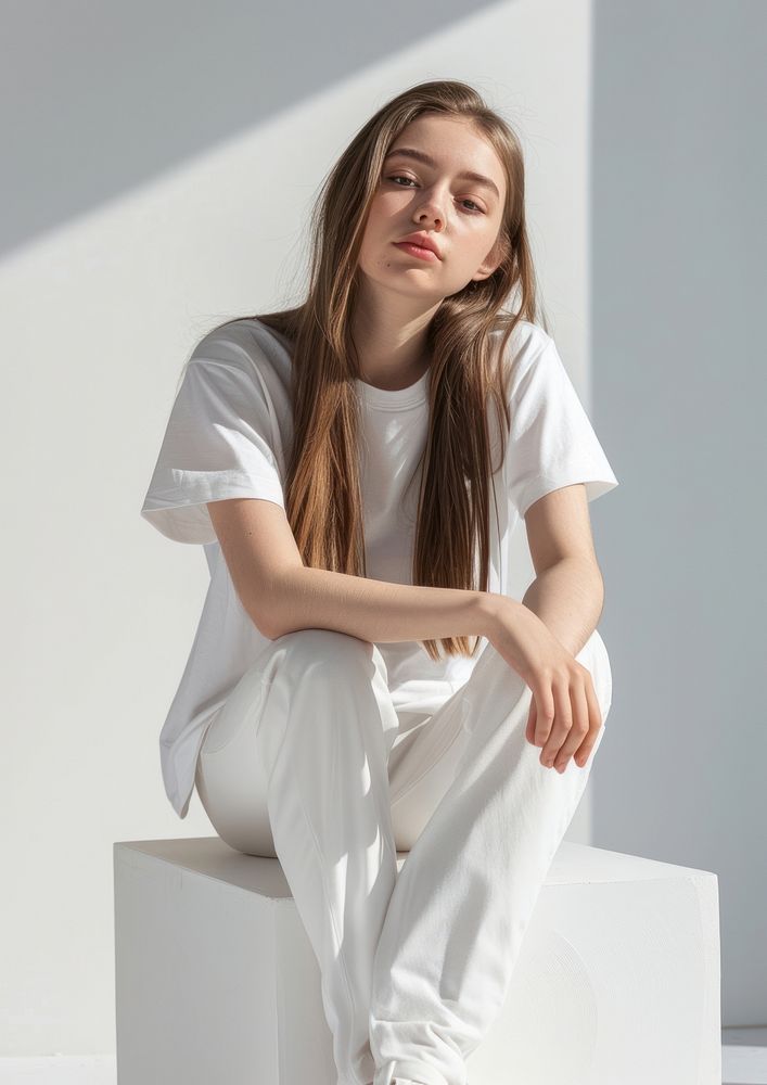Girl wearing white t shirt mockup clothing sitting apparel.