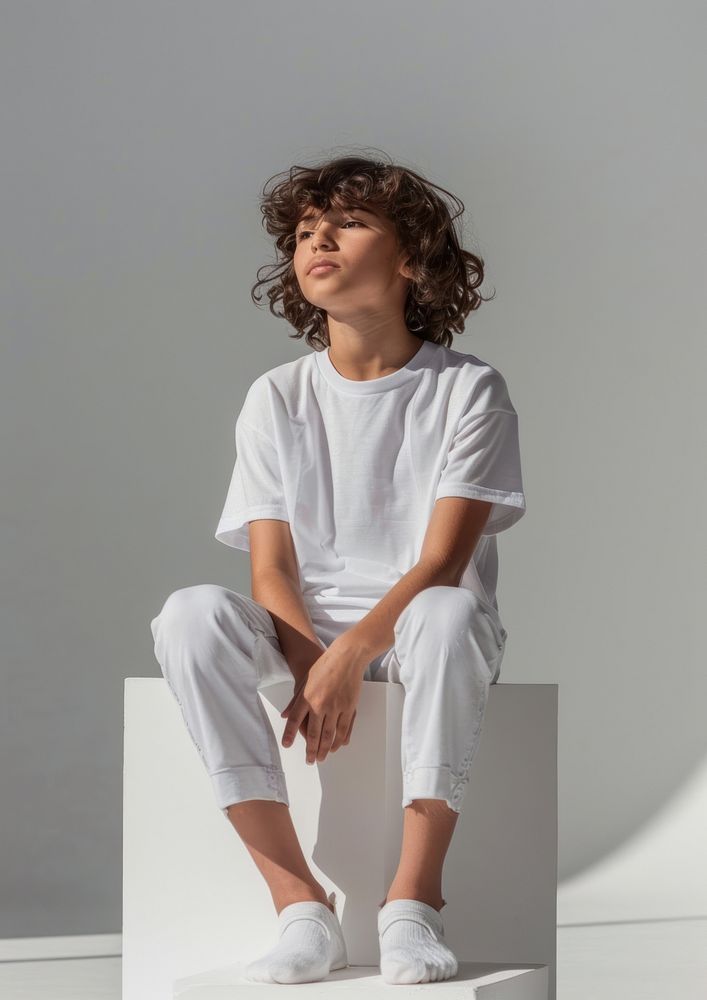 Girl wearing white t shirt mockup clothing sitting apparel.