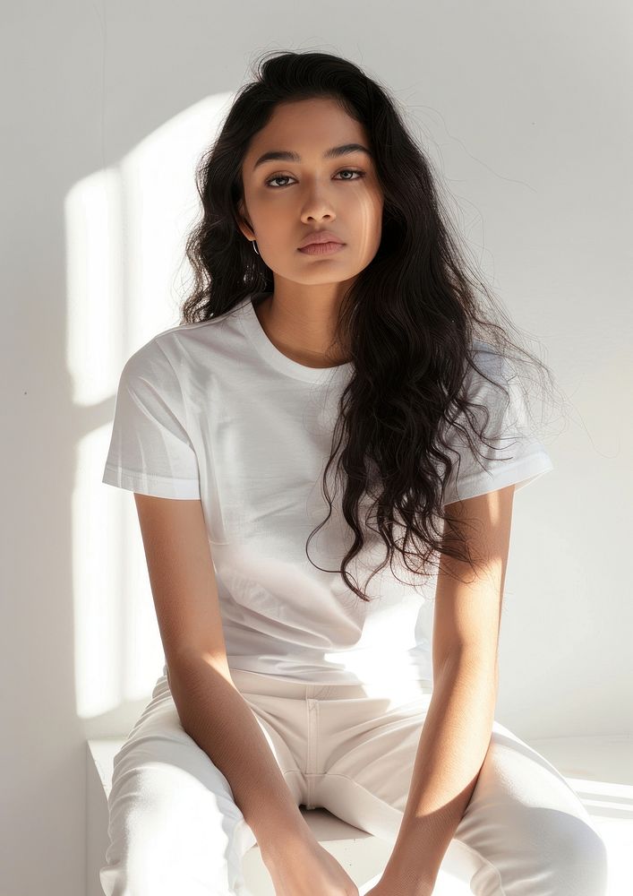 Indian woman wearing white t shirt mockup photography clothing portrait.
