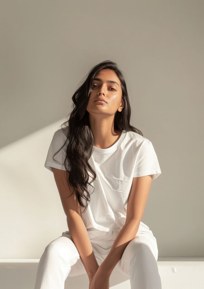 Indian woman wearing white t shirt mockup clothing apparel sitting.