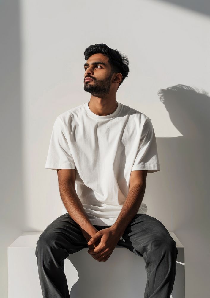 Indian wearing white t shirt mockup clothing apparel sitting.