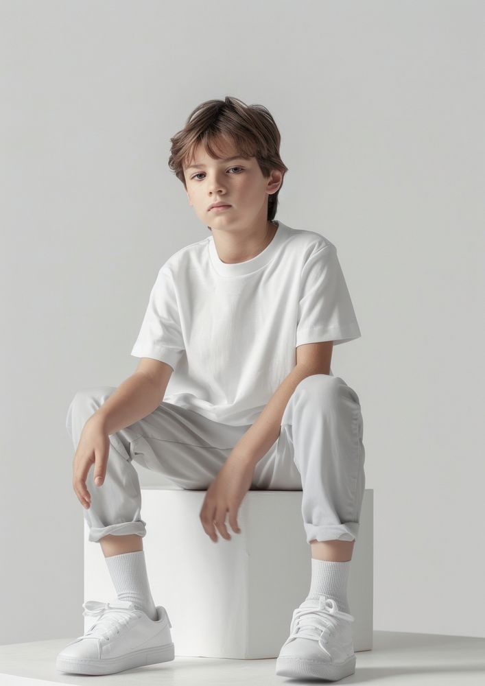 Kid wearing white t shirt mockup clothing footwear sitting.