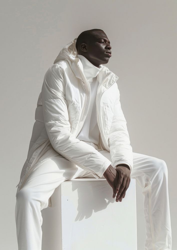 Man wearing white jacket mockup clothing sitting apparel.