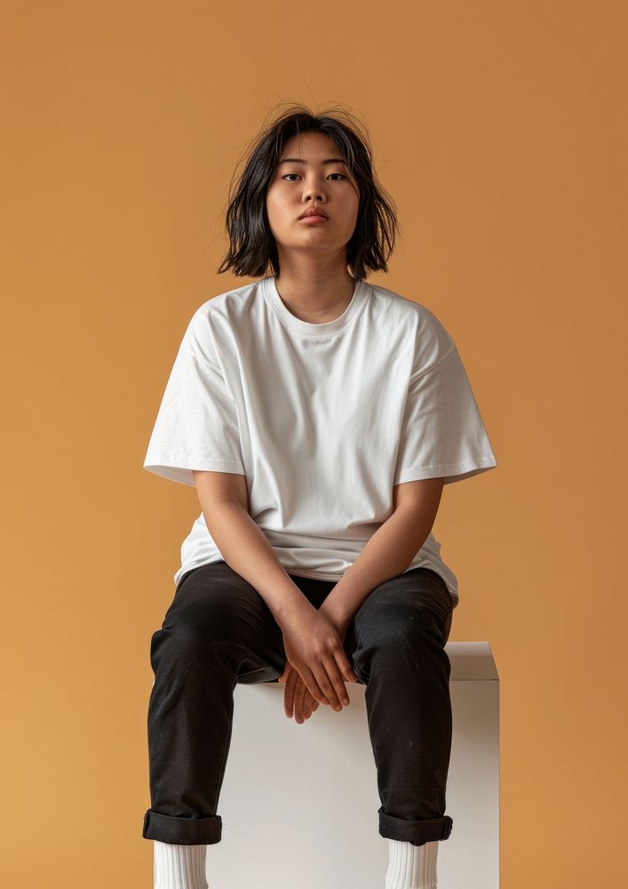 Plus size asian woman wearing white t shirt mockup photography clothing portrait.