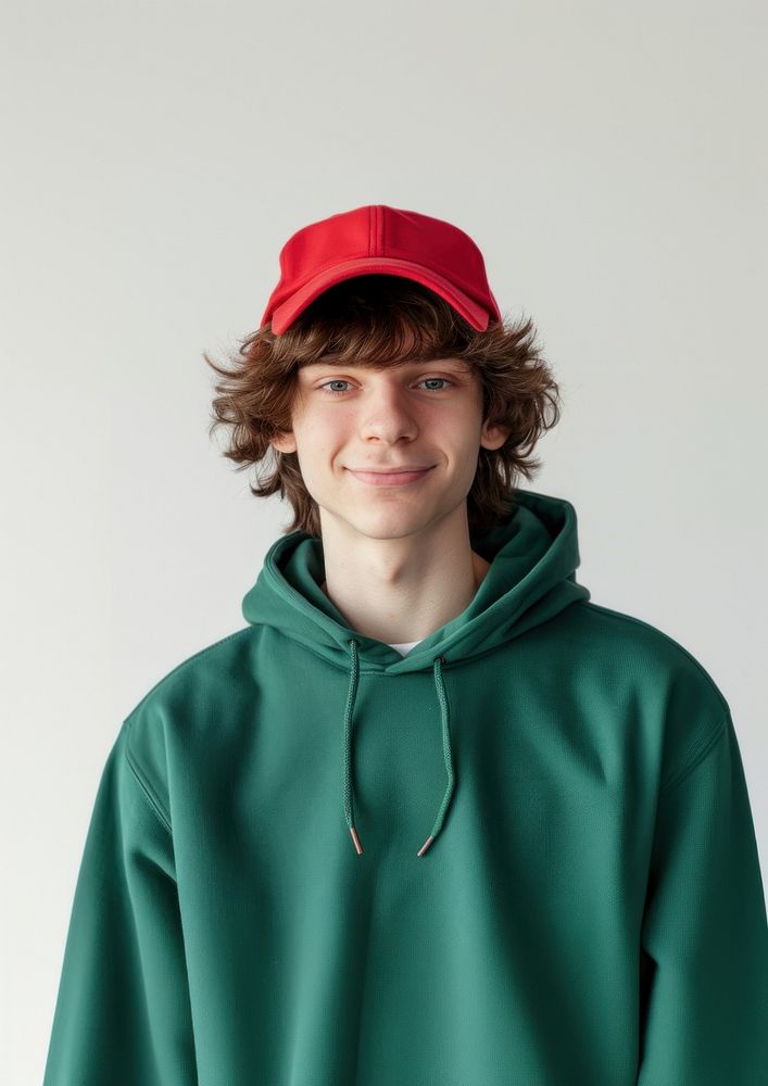 Man wears blank green hoodie and red cap mockup photography portrait sweatshirt.