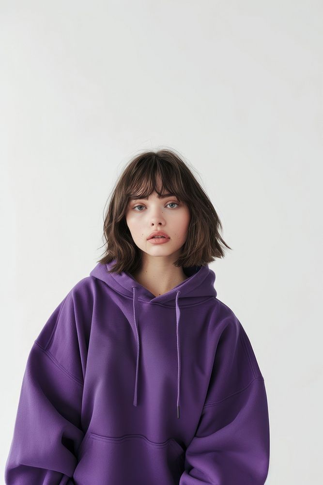 Young woman wears blank purple hoodie mockup photography portrait sweatshirt.