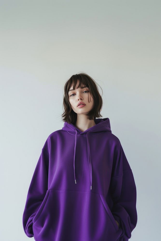 Young woman wears blank purple hoodie mockup sweatshirt clothing knitwear.