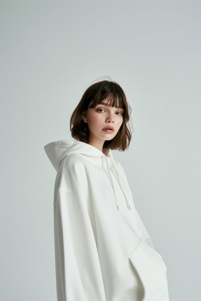 Young woman wears blank white hoodie mockup photography portrait fashion.