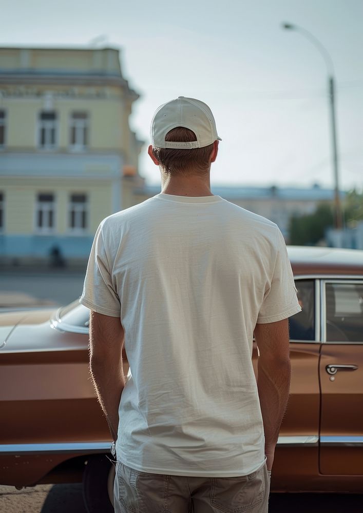 A man wearing an oversized white t-shirt and white cap car transportation automobile.
