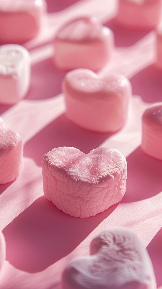 Pink heart shaped marshmallows confectionery sweets symbol.