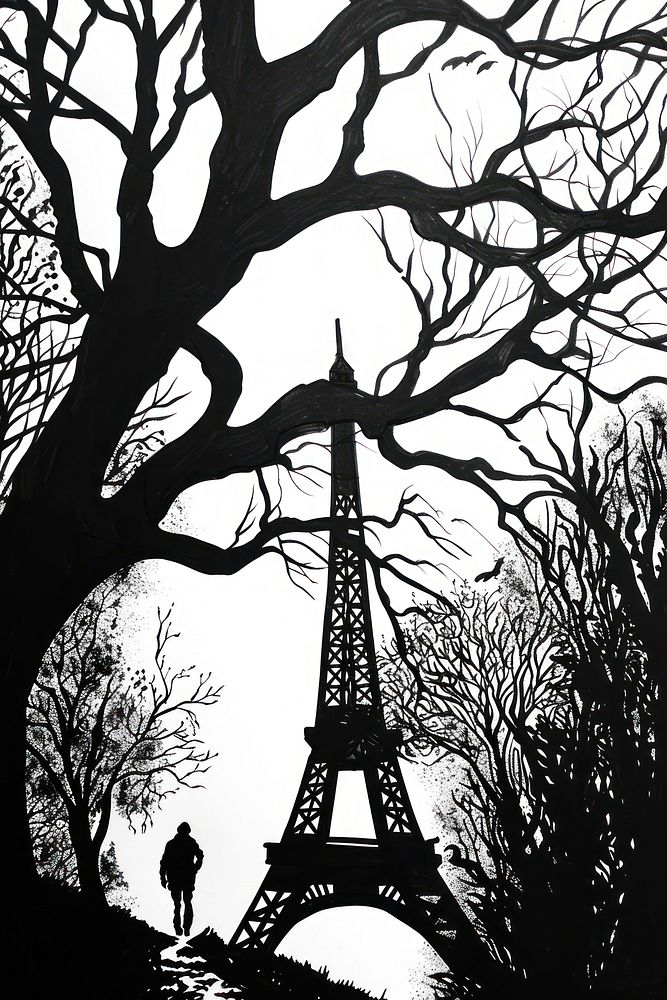 Eiffel tower silhouette architecture building person.