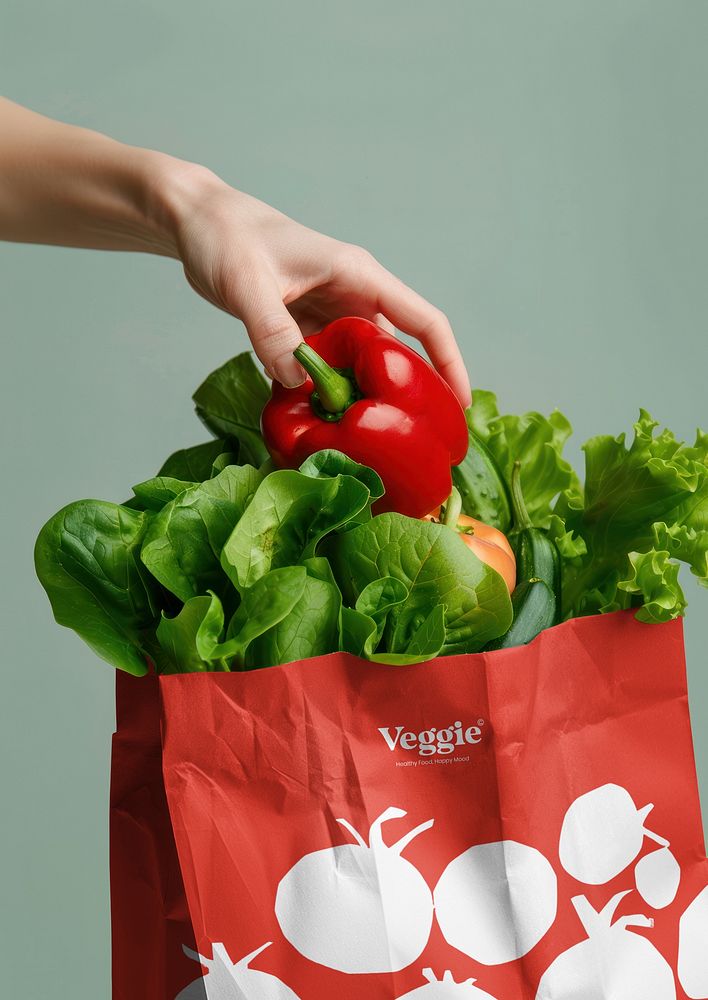 Red paper grocery shopping bag mockup psd