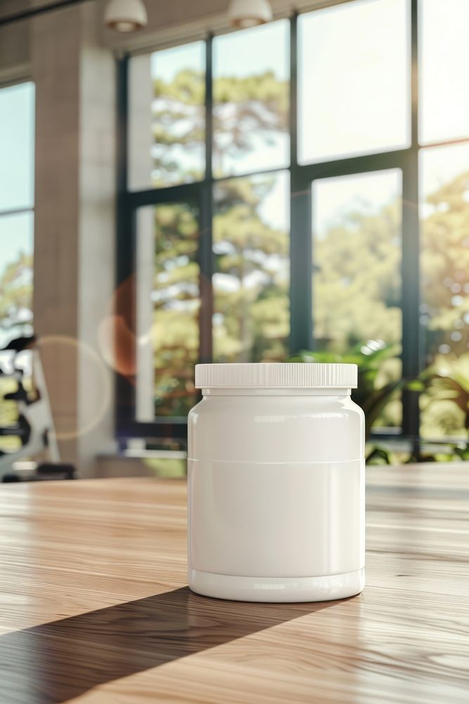 Protein jar mockup indoors beverage drink.