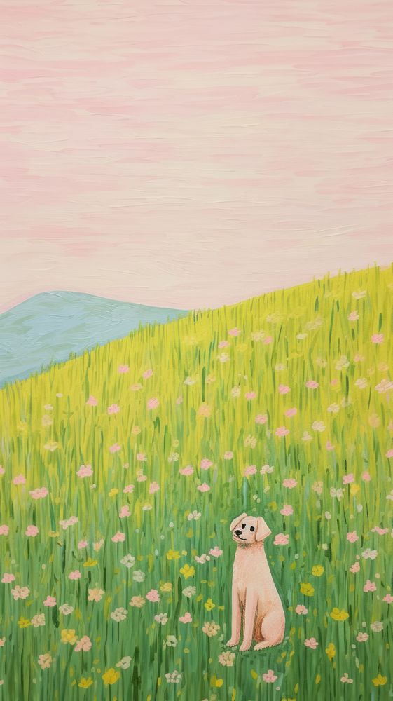 Dog in meadow illustrated vegetation grassland.