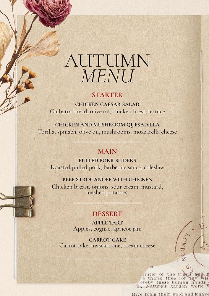 Autumn food menu poster template