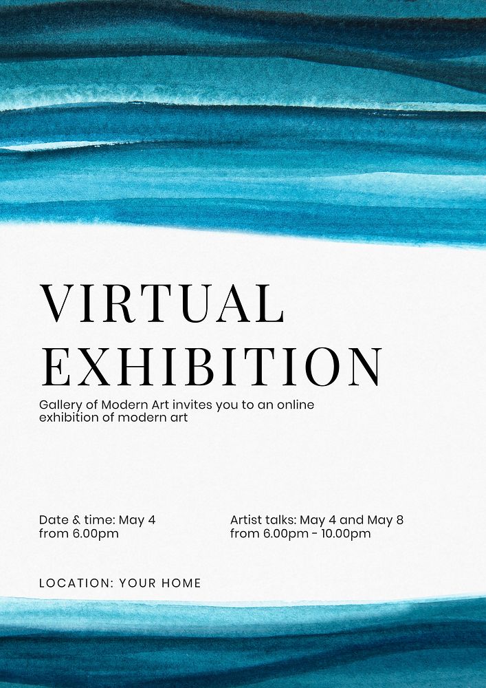 Virtual Exhibition poster template, blue watercolor design