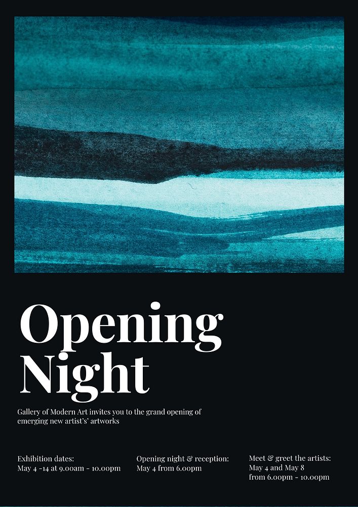 Opening night poster template, blue watercolor design