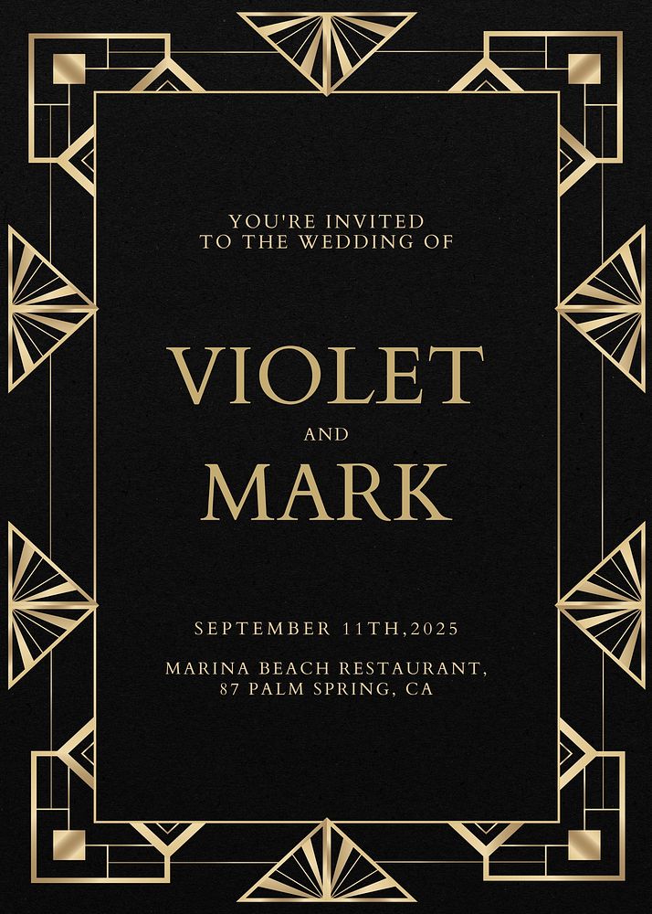Gatsby wedding invitation card template art deco design