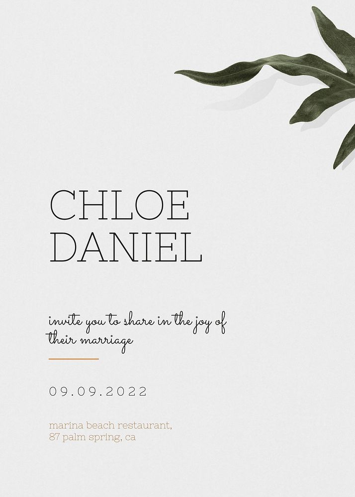 Simple wedding invitation card template,  botanical design