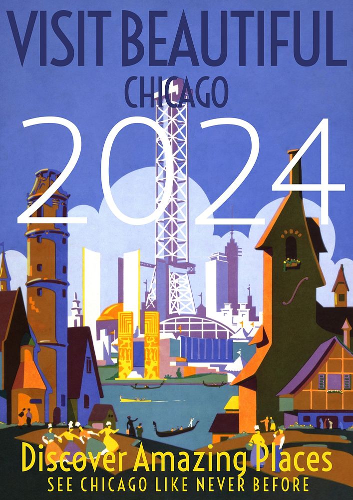 Visit beautiful Chicago poster template,  vintage design  remastered and made  by rawpixel