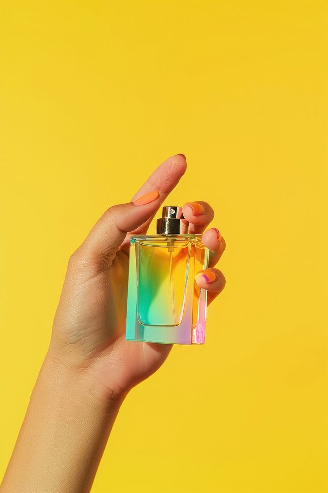 Woman hand hold a perfume bottle cosmetics nail polish.