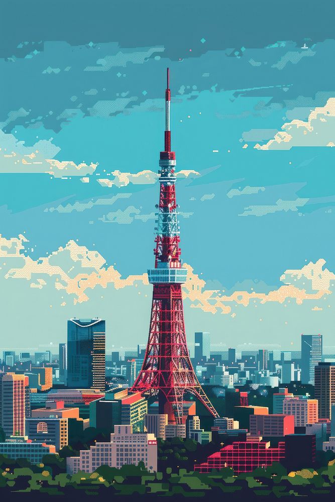 Tokyo tower pixel architecture lighthouse building.