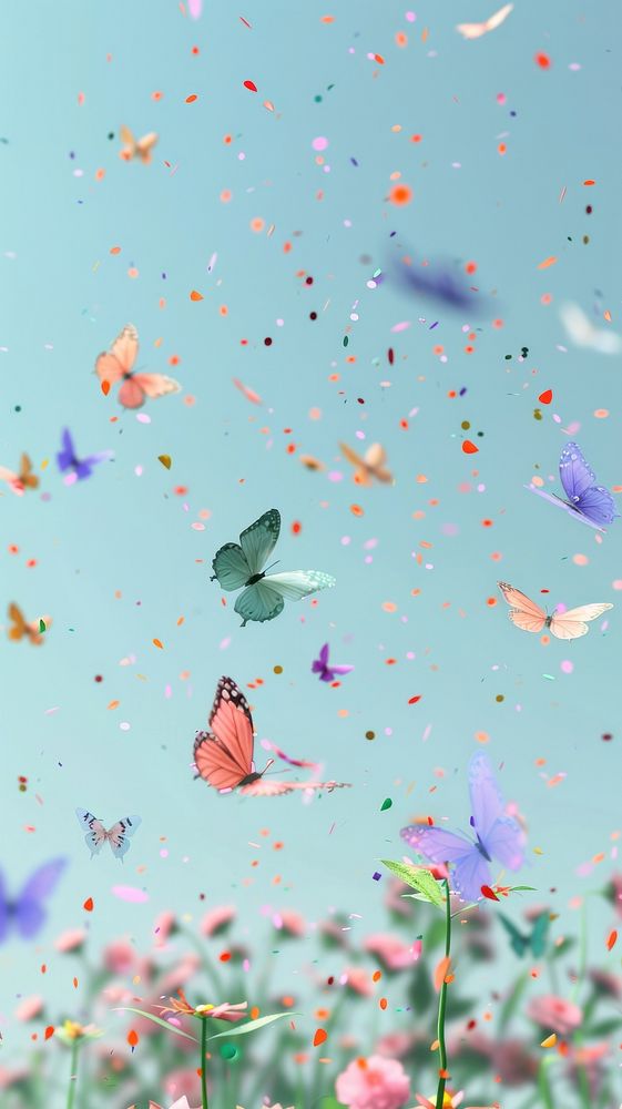 3d illustration of butterflies in meadow confetti outdoors blossom.