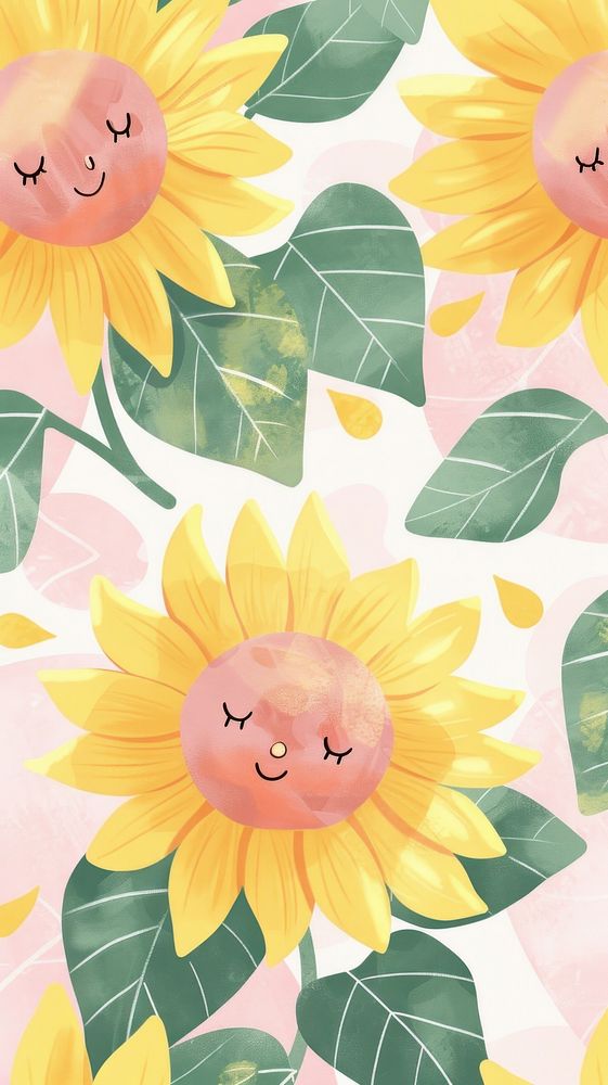 Smiling sunflowers in a field pattern painting graphics.