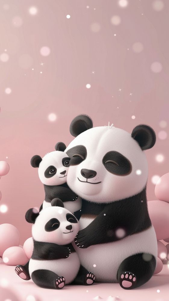 A family of pandas cuddling cartoon wildlife outdoors.
