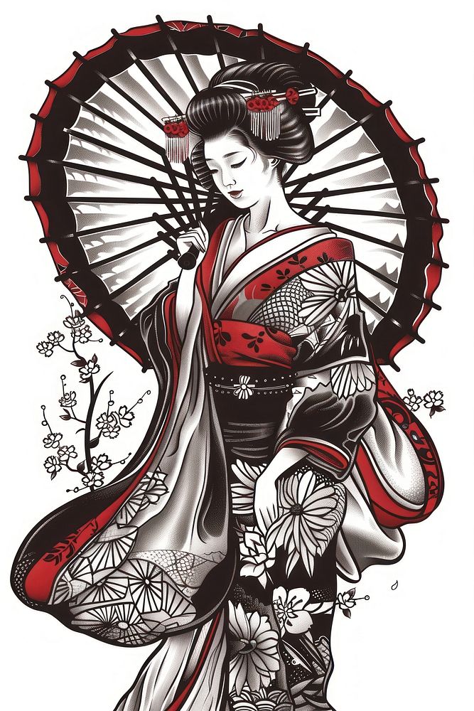 Tattoo illustration of a geisha clothing apparel fashion.