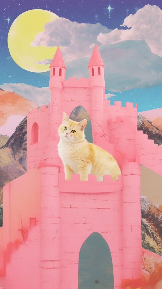 Cat pink castle architecture painting outdoors.