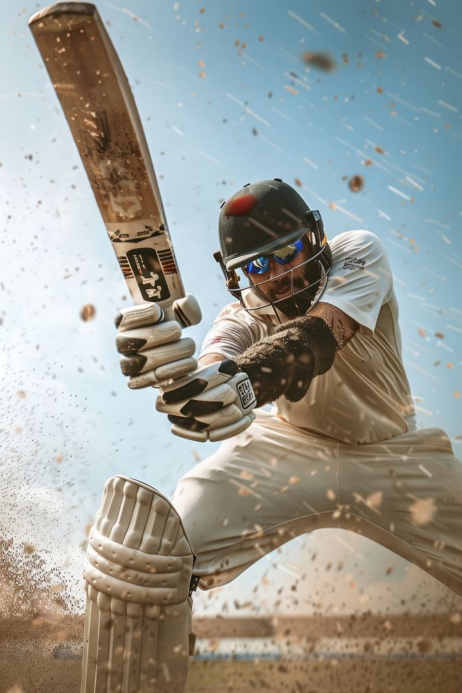 Cricket player helmet glove clothing.