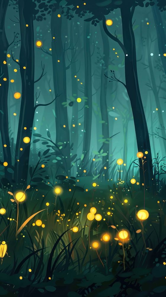 Fireflies in the forest invertebrate vegetation outdoors.