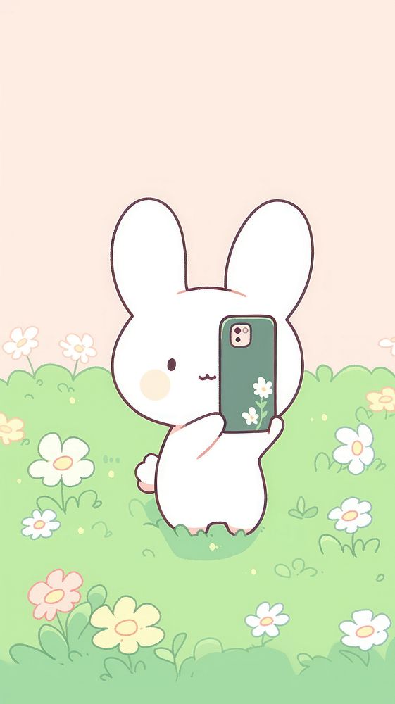 Bunny taking selfie in meadow electronics cartoon person.