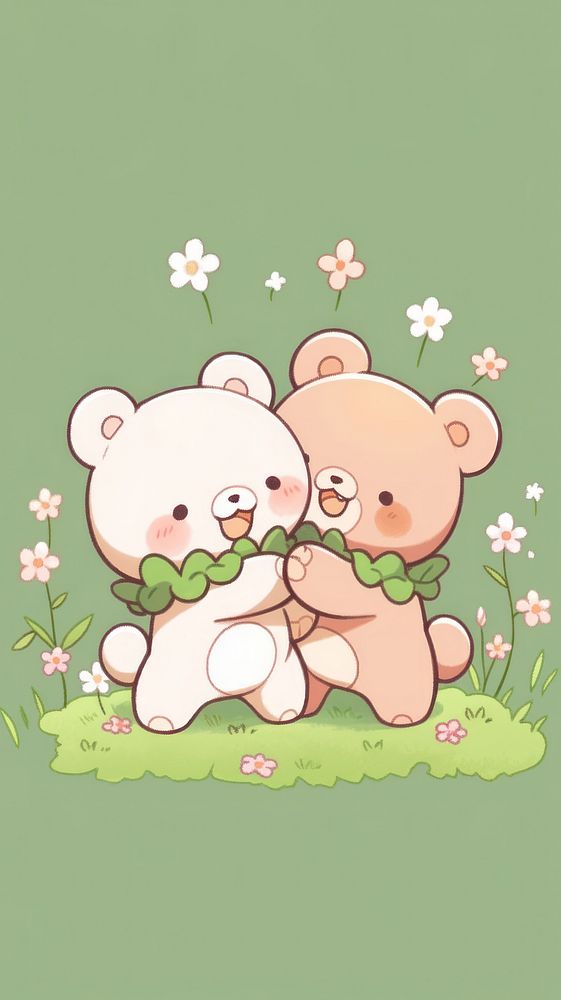 Teddy bear hugging together wildlife smelling cartoon.