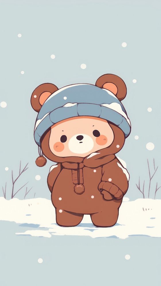 Teddy bear wearing winter suit outdoors person nature.