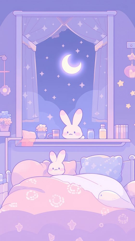 Kawaii style of bunny in bedroom at night furniture cartoon indoors.
