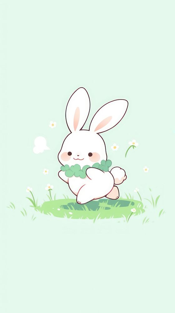 Kawaii style of bunny running in meadow outdoors snowman cartoon.