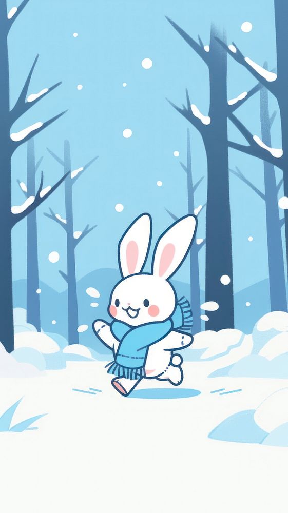 Kawaii style of bunny running in winter forest outdoors cartoon nature.
