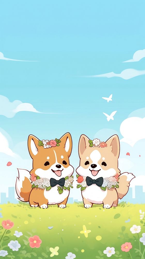 Corgi dog bride and groom outdoors cartoon animal.