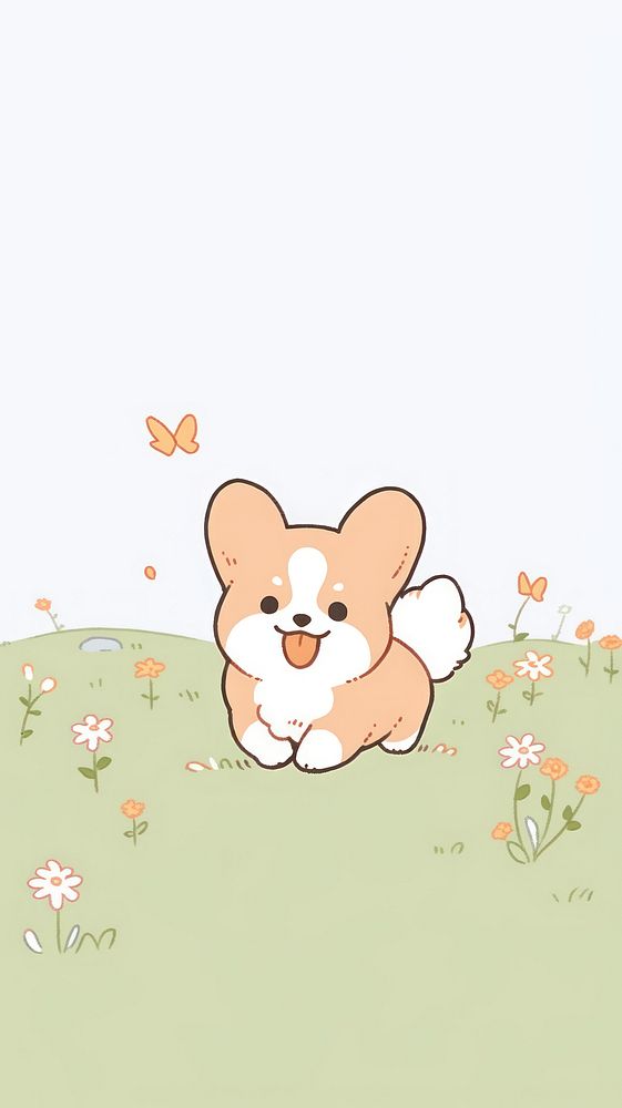 Kawaii style of corgi dog running in meadow cartoon animal canine.