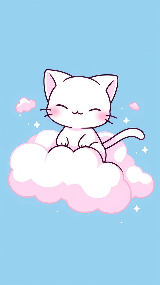 Kawaii style of kitten sitting on cloud with sky art cartoon blossom.