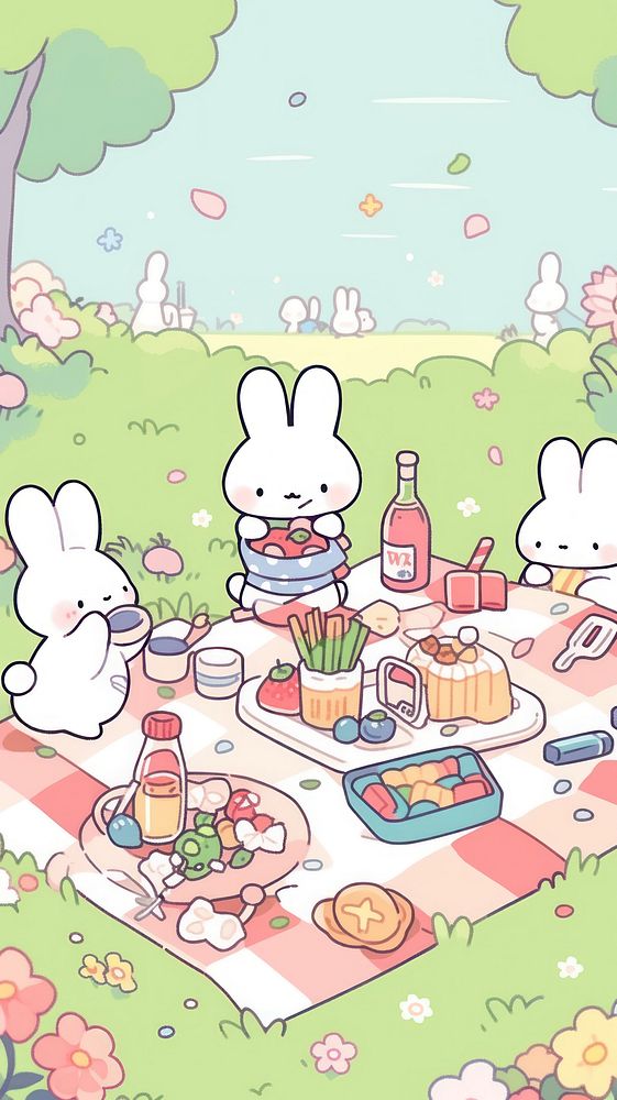 Rabbit and teddy bear picnic art illustrated recreation.