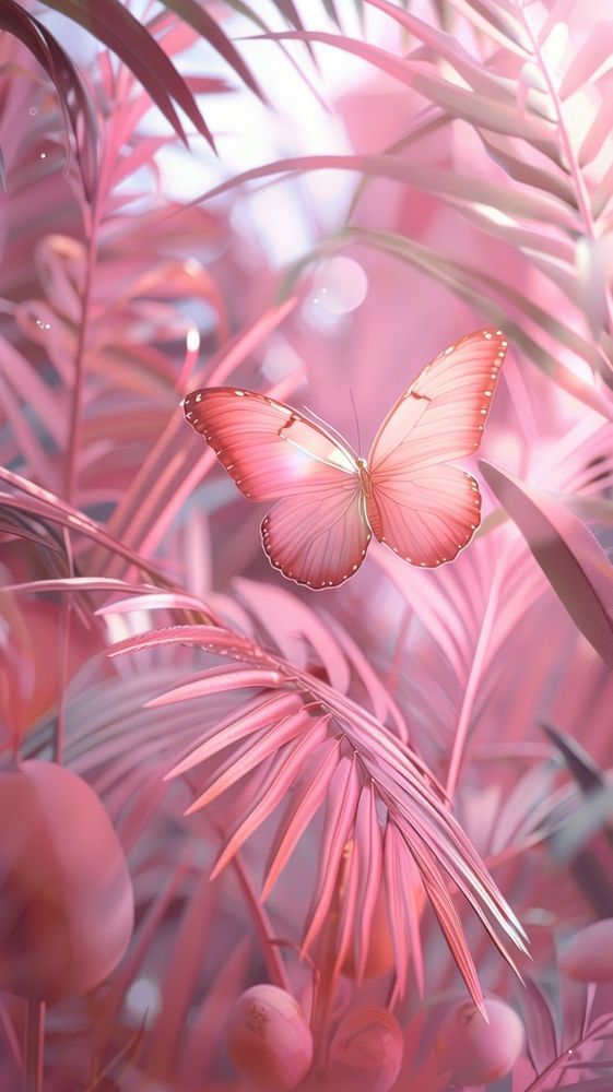 Pink palm leaves and butterfly art outdoors graphics.