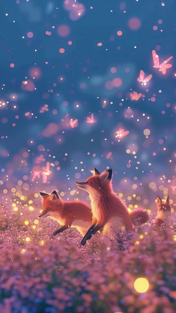 Playful foxes chasing fireflies wildlife outdoors animal.