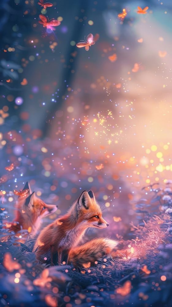 Playful foxes chasing fireflies wildlife animal canine.