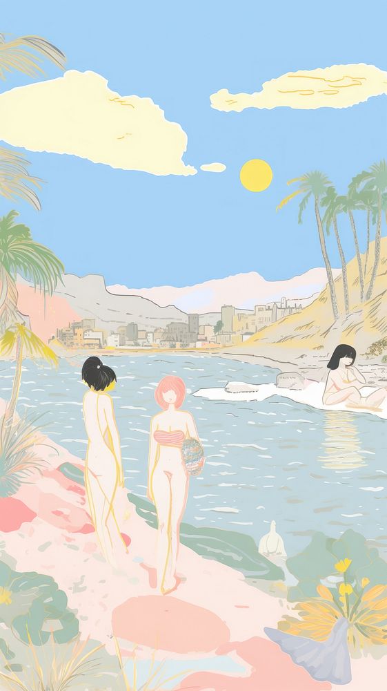 Anime beach summer art illustrated painting.